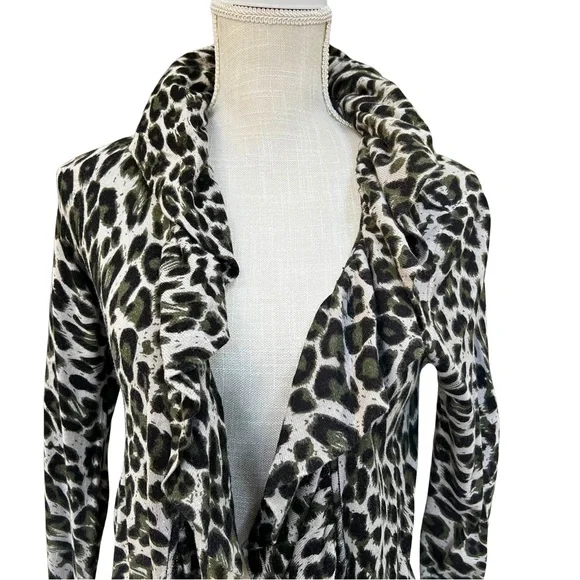 INC Green Leopard Print Open Front Cardigan with Ruffle Collar & Gold Chainmail - Picture 4 of 9